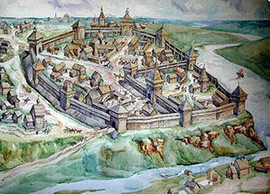 исторический рисунок поселения-крепости древнего города Лебедянь на берегу реки Дон