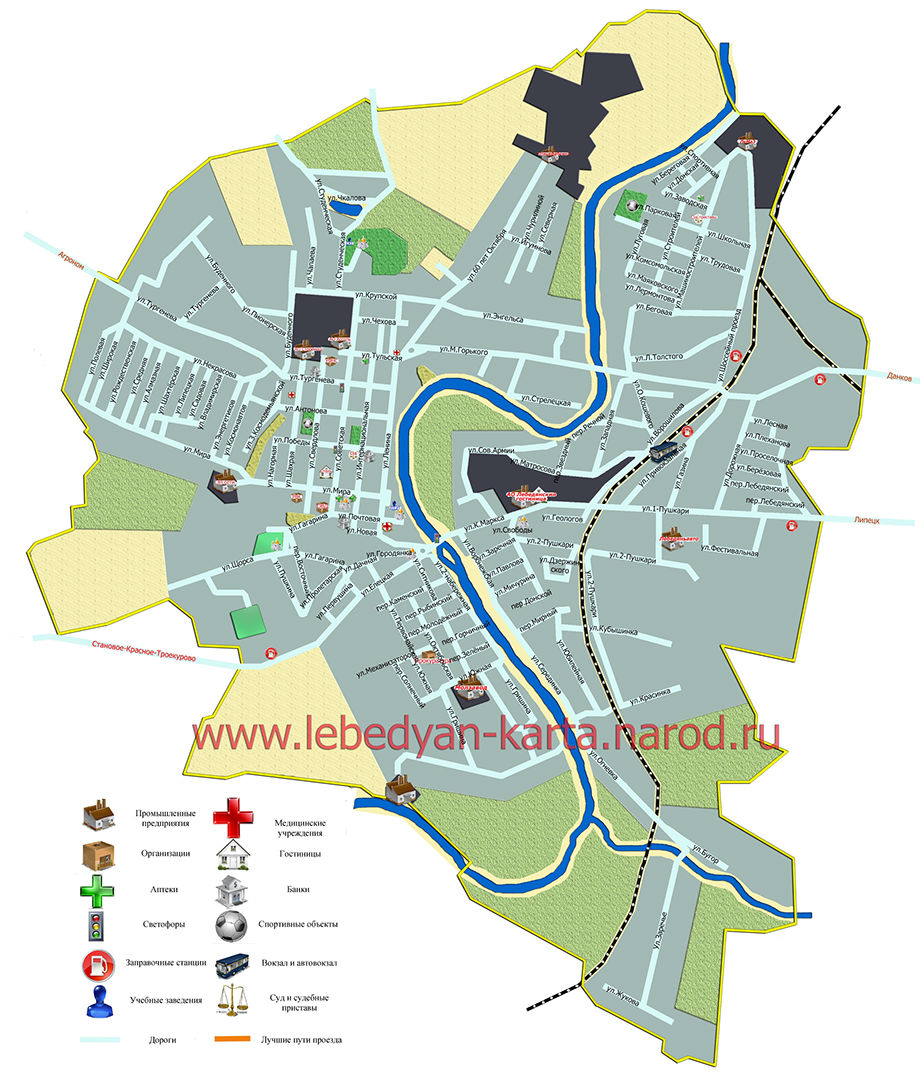 карта города Лебедянь Липецкой области с названиями улиц в большом разрешении